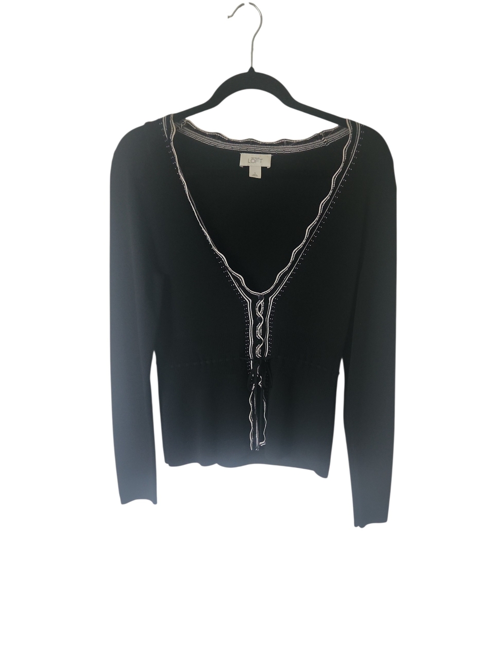 LOFT Y2K Black V-Neck Contrast Trim Tie Front Cardigan Knit Sweater Size S